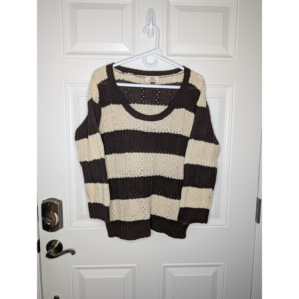 Lei Jordan Open Knit Brown & Cream Striped Sweater Juniors XXL Women's Large - Picture 2 of 6